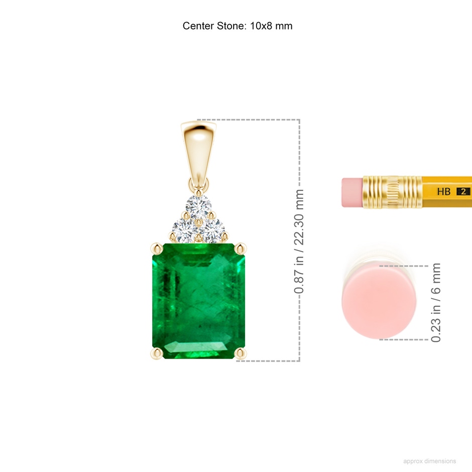10x8mm AAA Emerald-Cut Emerald Pendant with Diamond Trio in Yellow Gold ruler
