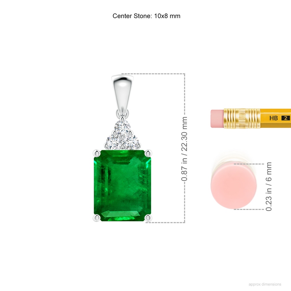 10x8mm AAAA Emerald-Cut Emerald Pendant with Diamond Trio in White Gold ruler