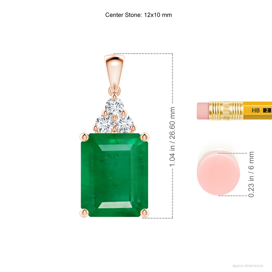 12x10mm AA Emerald-Cut Emerald Pendant with Diamond Trio in Rose Gold ruler