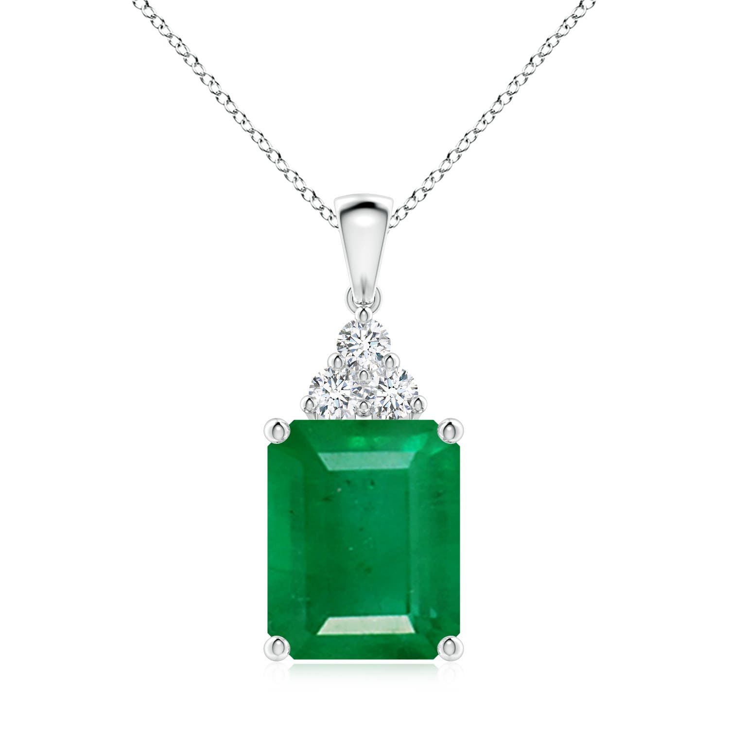 12x10mm AA Emerald-Cut Emerald Pendant with Diamond Trio in S999 Silver