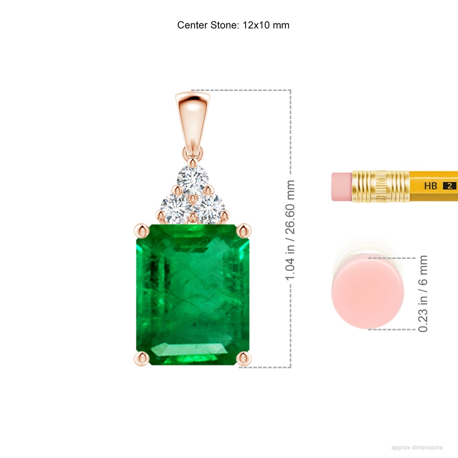 12x10mm AAA Emerald-Cut Emerald Pendant with Diamond Trio in Rose Gold ruler