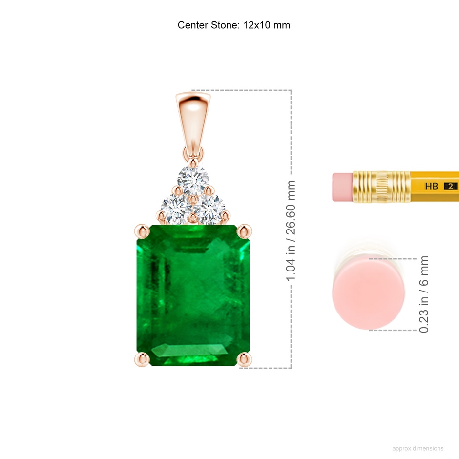 12x10mm AAAA Emerald-Cut Emerald Pendant with Diamond Trio in Rose Gold ruler