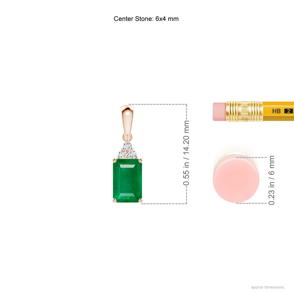 6x4mm AA Emerald-Cut Emerald Pendant with Diamond Trio in Rose Gold ruler