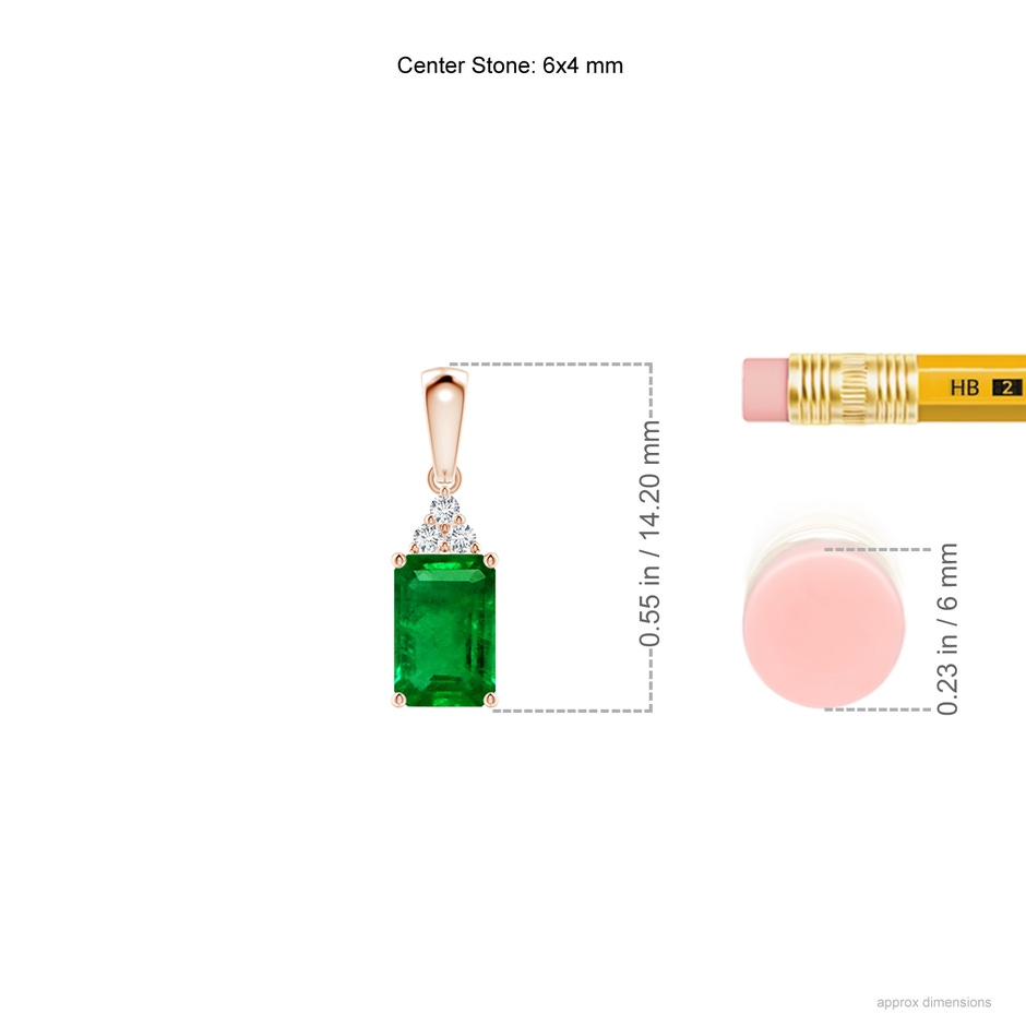 6x4mm AAAA Emerald-Cut Emerald Pendant with Diamond Trio in Rose Gold ruler