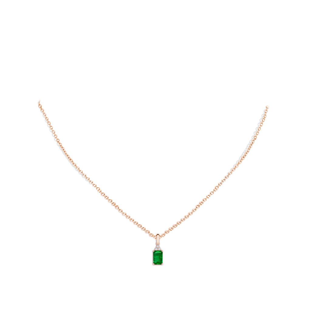 6x4mm AAAA Emerald-Cut Emerald Pendant with Diamond Trio in Rose Gold pen