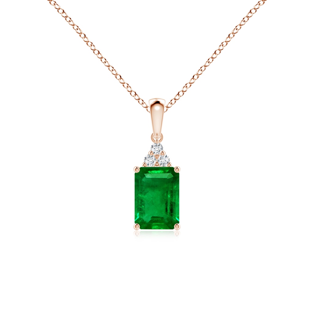 7x5mm AAAA Emerald-Cut Emerald Pendant with Diamond Trio in Rose Gold 