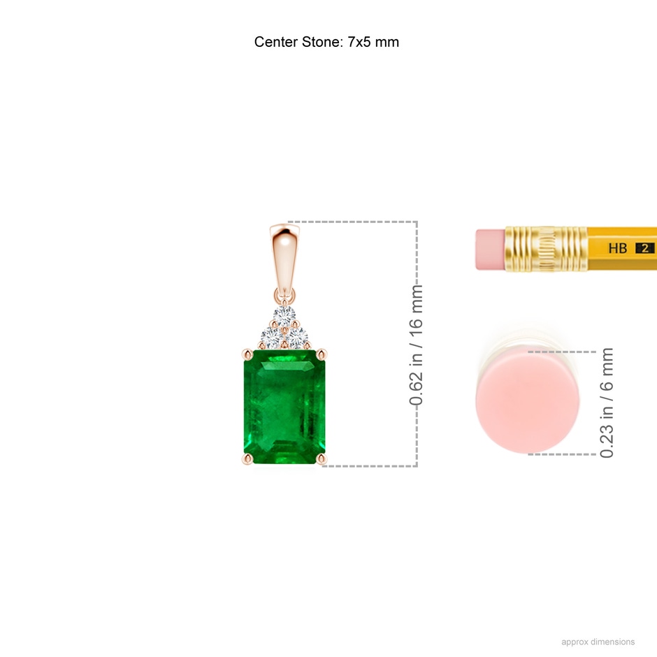 7x5mm AAAA Emerald-Cut Emerald Pendant with Diamond Trio in Rose Gold ruler