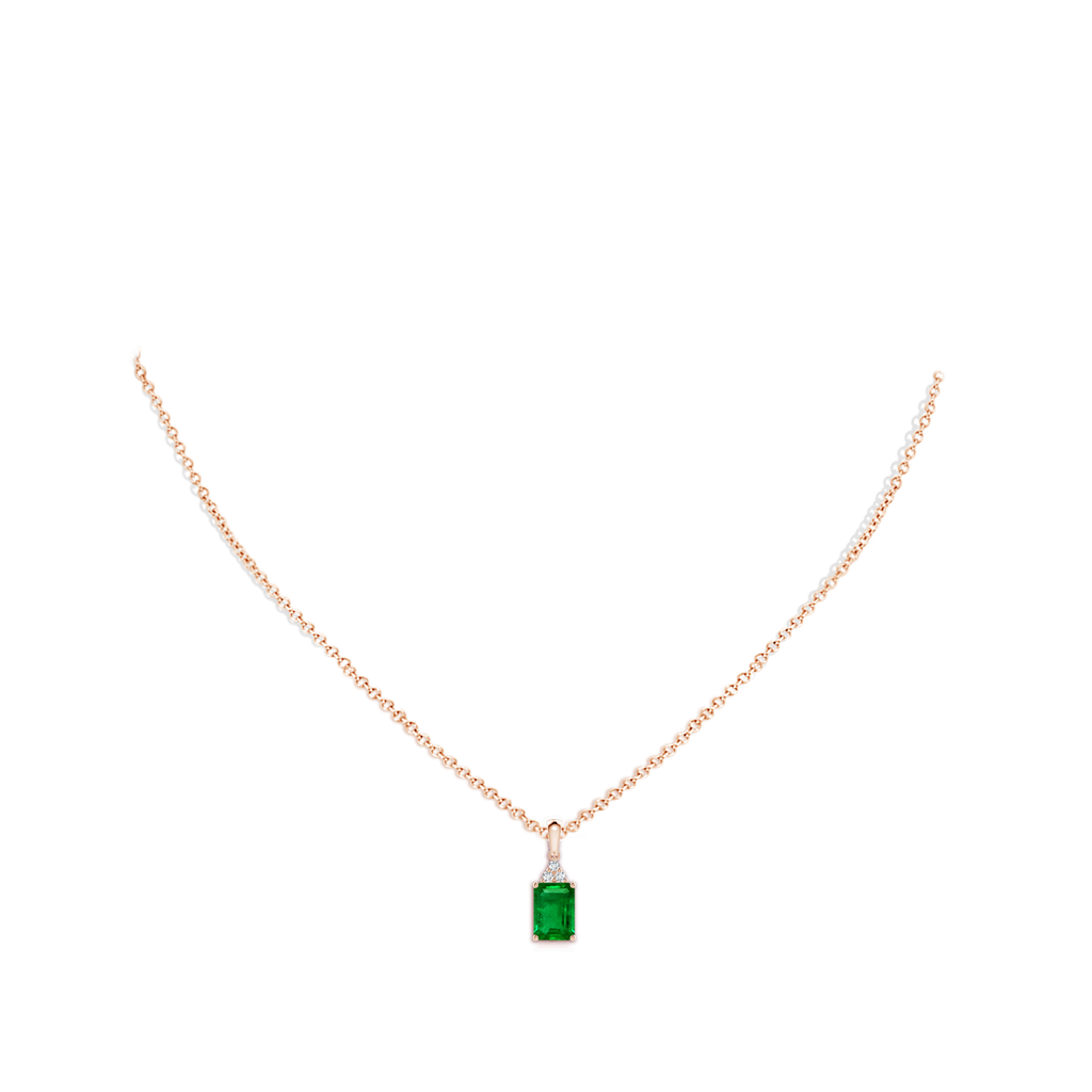 7x5mm AAAA Emerald-Cut Emerald Pendant with Diamond Trio in Rose Gold pen