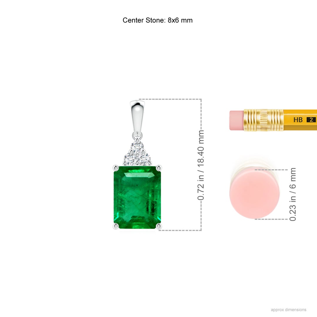 8x6mm AAA Emerald-Cut Emerald Pendant with Diamond Trio in White Gold - ruler