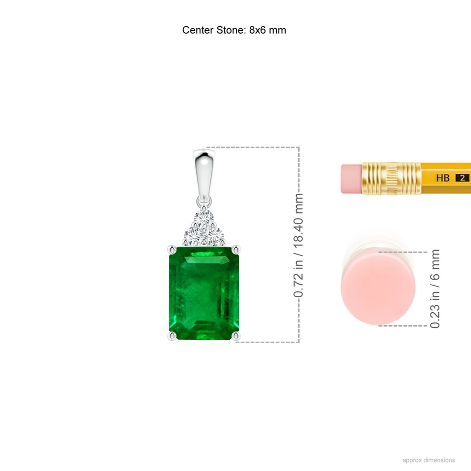 8x6mm AAAA Emerald-Cut Emerald Pendant with Diamond Trio in P950 Platinum ruler