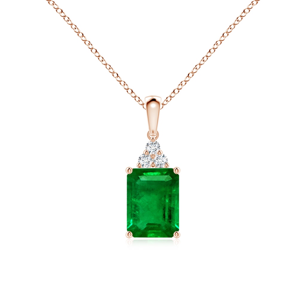 8x6mm AAAA Emerald-Cut Emerald Pendant with Diamond Trio in Rose Gold 