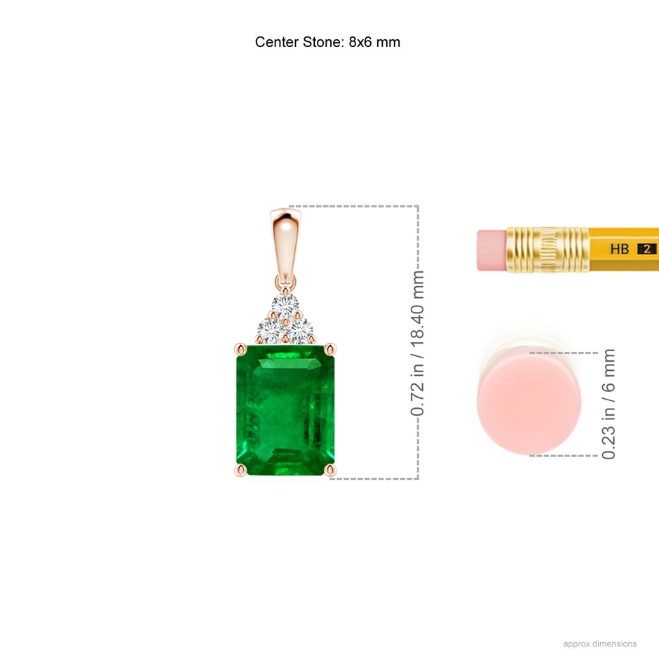 8x6mm AAAA Emerald-Cut Emerald Pendant with Diamond Trio in Rose Gold ruler