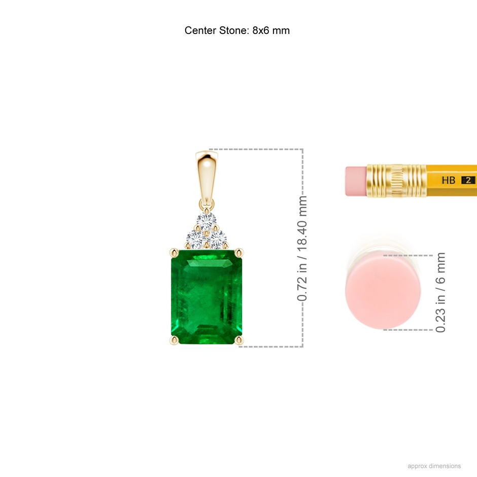 8x6mm AAAA Emerald-Cut Emerald Pendant with Diamond Trio in Yellow Gold ruler