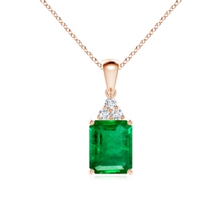 9x7mm AAA Emerald-Cut Emerald Pendant with Diamond Trio in 9K Rose Gold