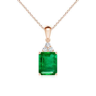 9x7mm AAA Emerald-Cut Emerald Pendant with Diamond Trio in Rose Gold