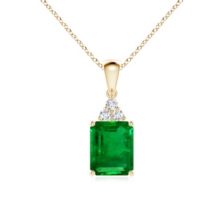 9x7mm AAAA Emerald-Cut Emerald Pendant with Diamond Trio in 9K Yellow Gold