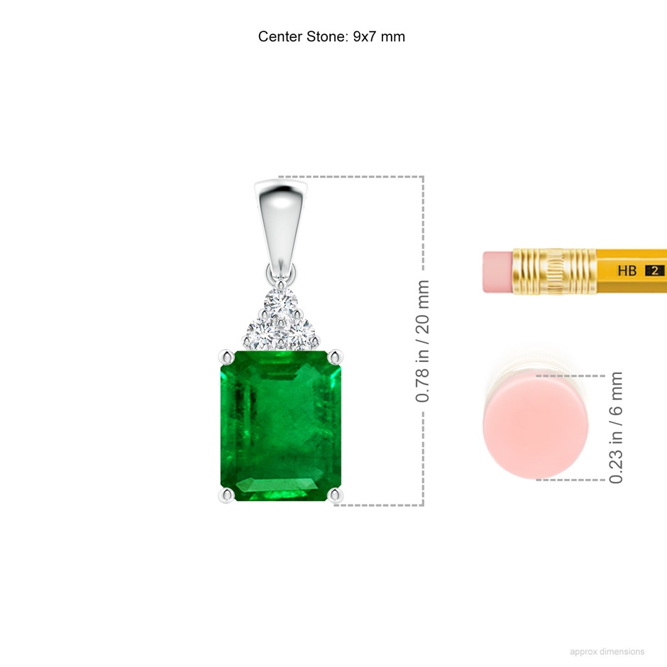 9x7mm AAAA Emerald-Cut Emerald Pendant with Diamond Trio in P950 Platinum ruler