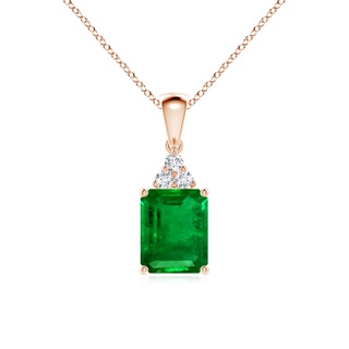 9x7mm AAAA Emerald-Cut Emerald Pendant with Diamond Trio in Rose Gold