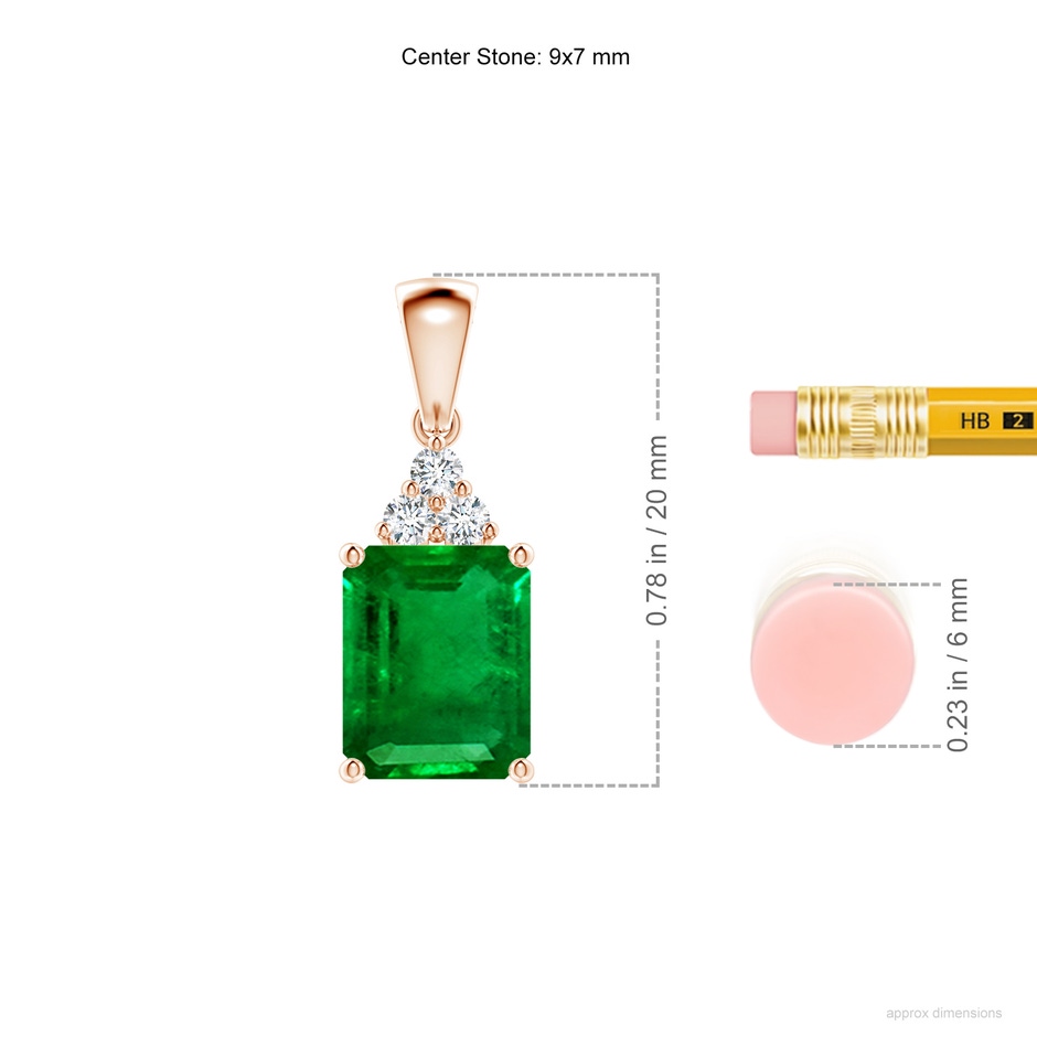 9x7mm AAAA Emerald-Cut Emerald Pendant with Diamond Trio in Rose Gold ruler