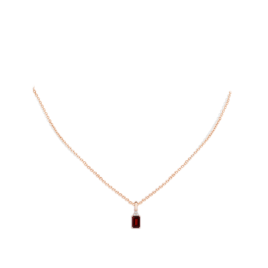 6x4mm AAAA Emerald-Cut Garnet Pendant with Diamond Trio in 9K Rose Gold pen
