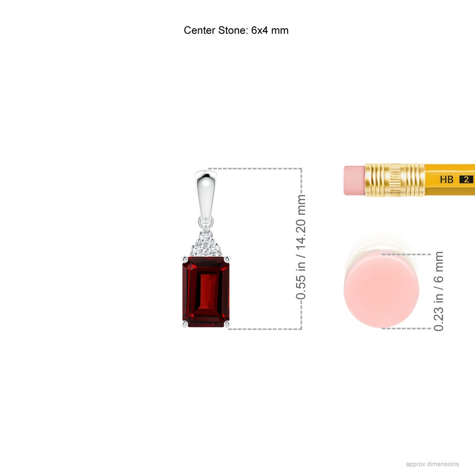 6x4mm AAAA Emerald-Cut Garnet Pendant with Diamond Trio in P950 Platinum ruler