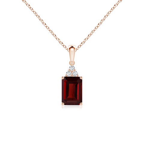 7x5mm AAA Emerald-Cut Garnet Pendant with Diamond Trio in Rose Gold