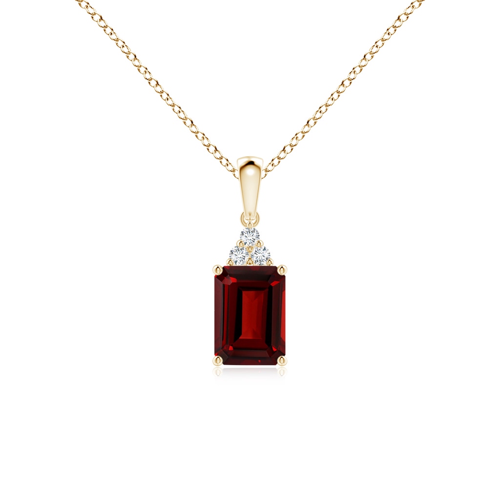 7x5mm AAAA Emerald-Cut Garnet Pendant with Diamond Trio in Yellow Gold