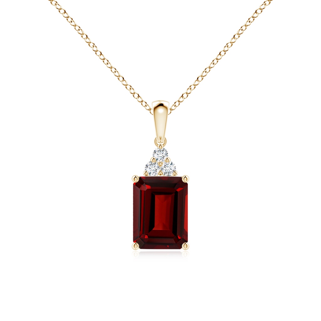 8x6mm AAAA Emerald-Cut Garnet Pendant with Diamond Trio in Yellow Gold