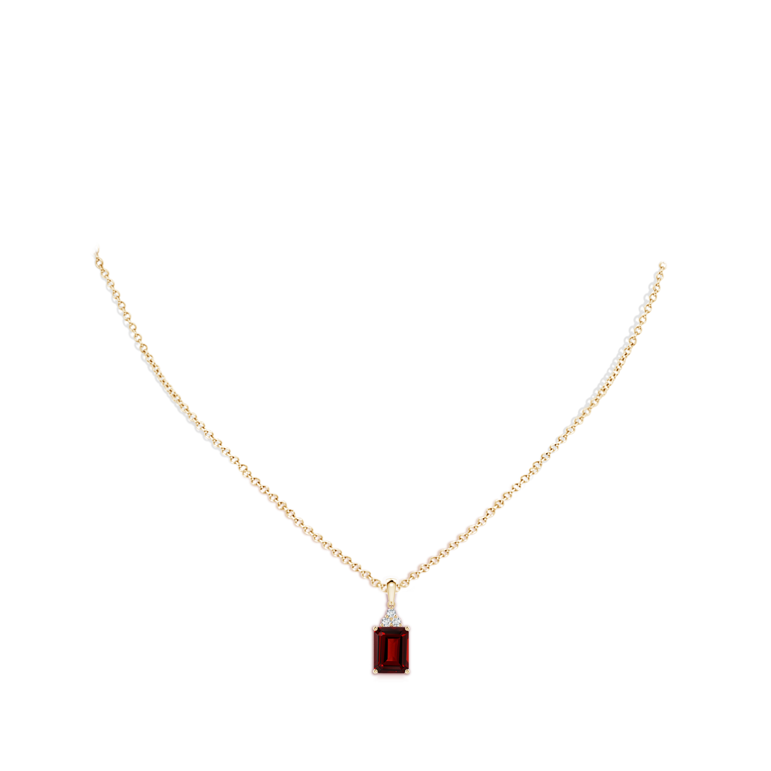 8x6mm AAAA Emerald-Cut Garnet Pendant with Diamond Trio in Yellow Gold - body_neck