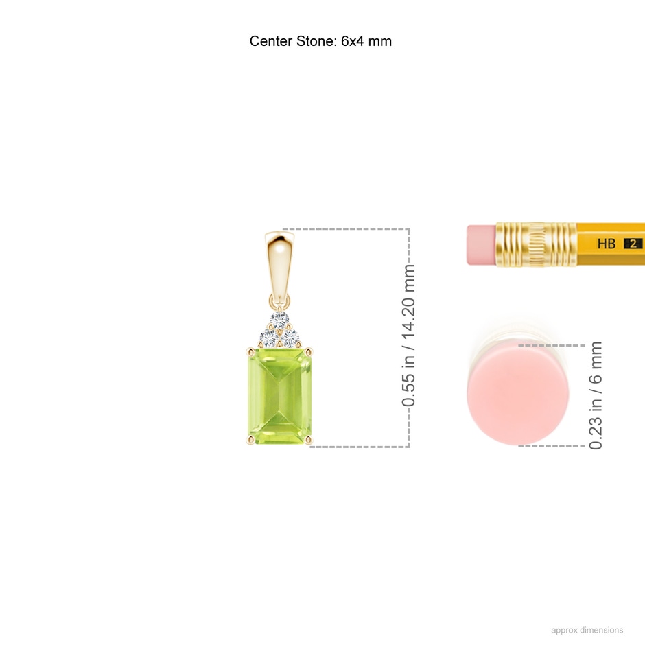 6x4mm A Emerald-Cut Peridot Pendant with Diamond Trio in Yellow Gold ruler