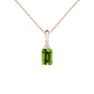 6x4mm AAAA Emerald-Cut Peridot Pendant with Diamond Trio in 9K Rose Gold