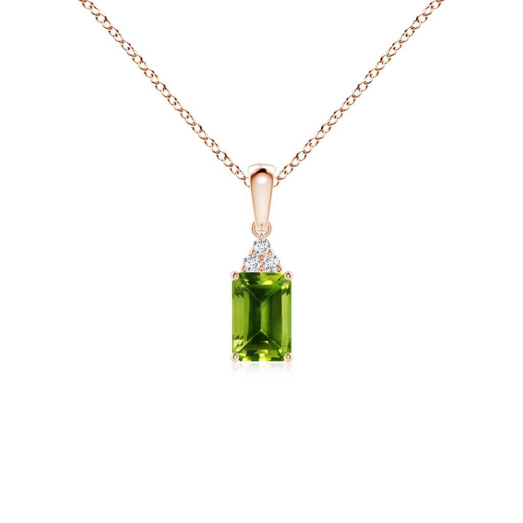 6x4mm AAAA Emerald-Cut Peridot Pendant with Diamond Trio in Rose Gold