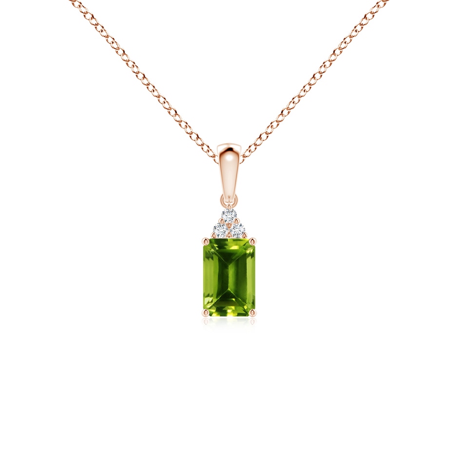 6x4mm AAAA Emerald-Cut Peridot Pendant with Diamond Trio in Rose Gold 
