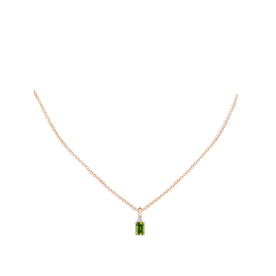 6x4mm AAAA Emerald-Cut Peridot Pendant with Diamond Trio in Rose Gold body-neck