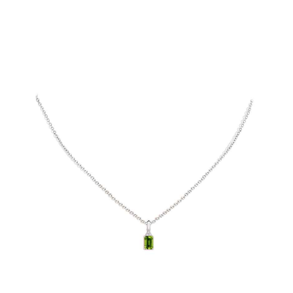 6x4mm AAAA Emerald-Cut Peridot Pendant with Diamond Trio in S999 Silver body-neck