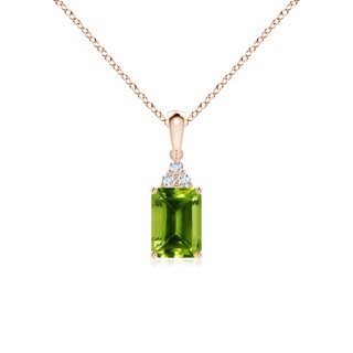7x5mm AAAA Emerald-Cut Peridot Pendant with Diamond Trio in Rose Gold