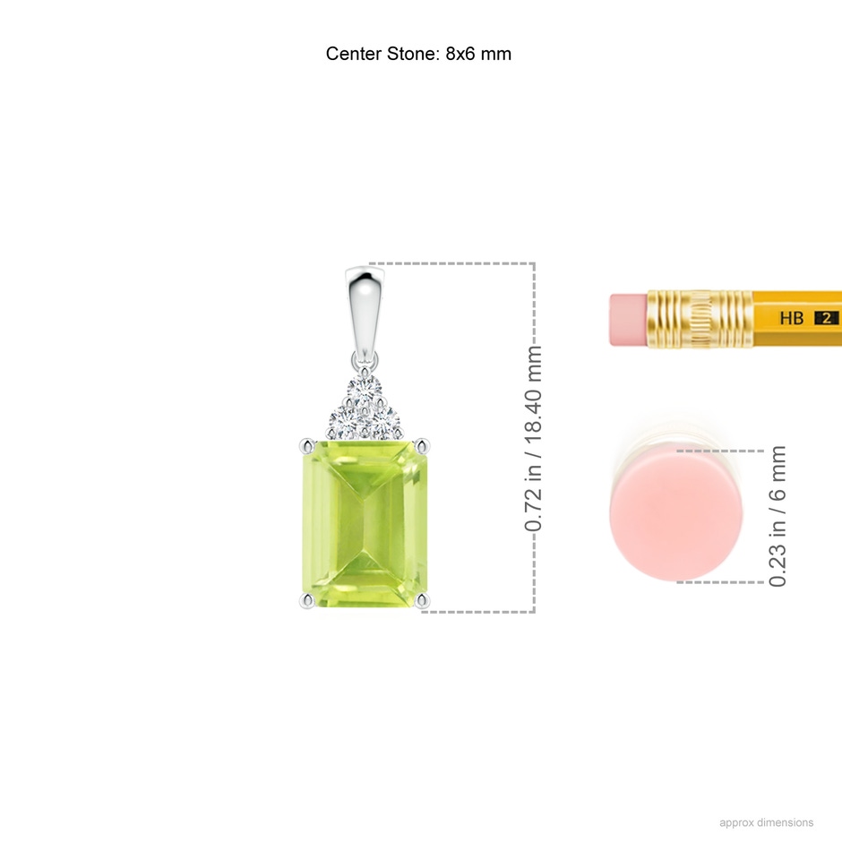 8x6mm A Emerald-Cut Peridot Pendant with Diamond Trio in S999 Silver ruler