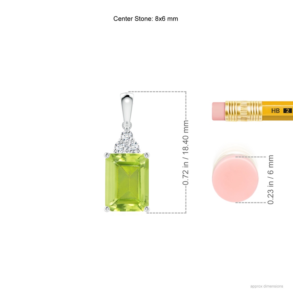 8x6mm AA Emerald-Cut Peridot Pendant with Diamond Trio in S999 Silver ruler