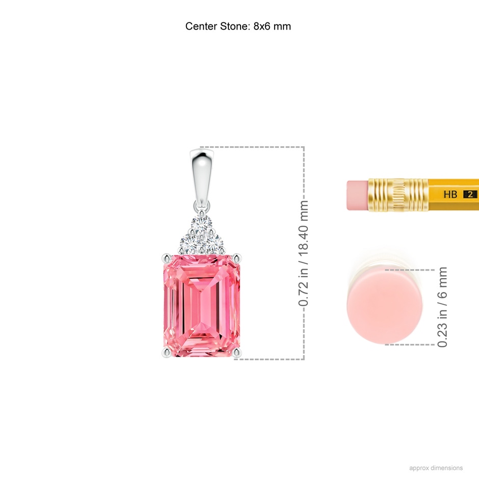 8x6mm AAAA Emerald-Cut Fancy Intense Pink Diamond Pendant with Trio Accents in 18K White Gold ruler