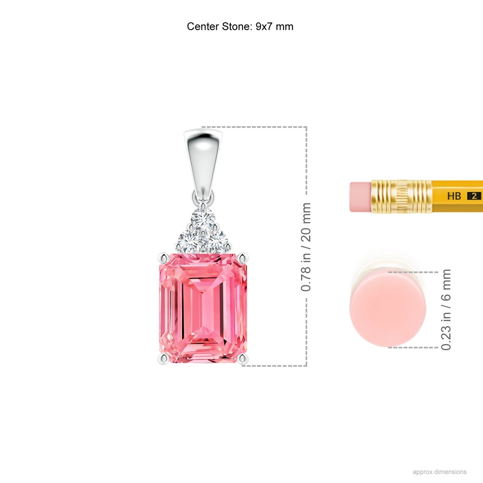 9x7mm AAAA Emerald-Cut Fancy Intense Pink Diamond Pendant with Trio Accents in White Gold ruler