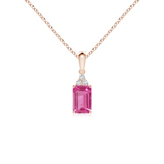 6x4mm AAAA Emerald-Cut Pink Sapphire Pendant with Diamond Trio in Rose Gold