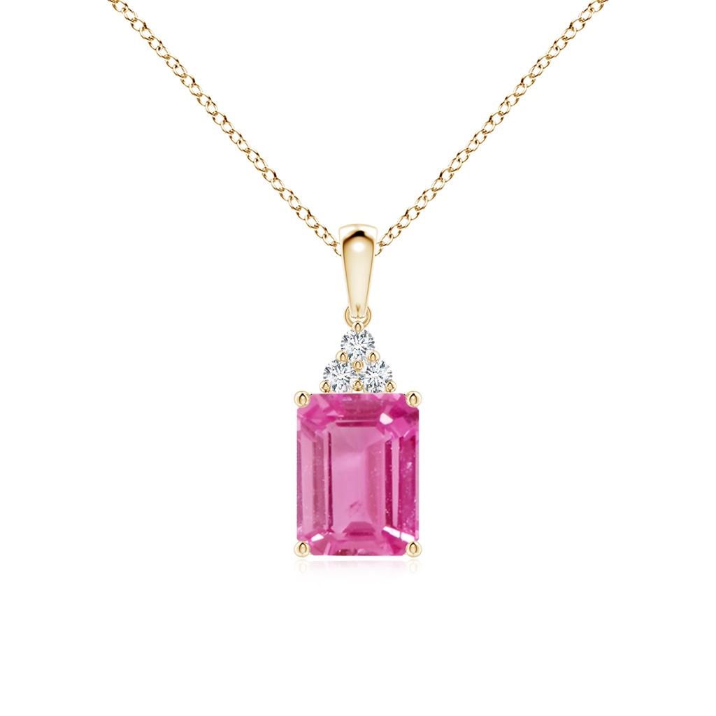 8x6mm AAA Emerald-Cut Pink Sapphire Pendant with Diamond Trio in Yellow Gold