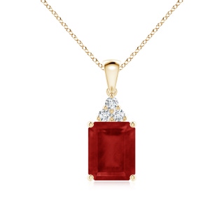 10x8mm AA Emerald-Cut Ruby Pendant with Diamond Trio in 9K Yellow Gold