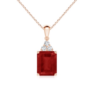 10x8mm AA Emerald-Cut Ruby Pendant with Diamond Trio in Rose Gold