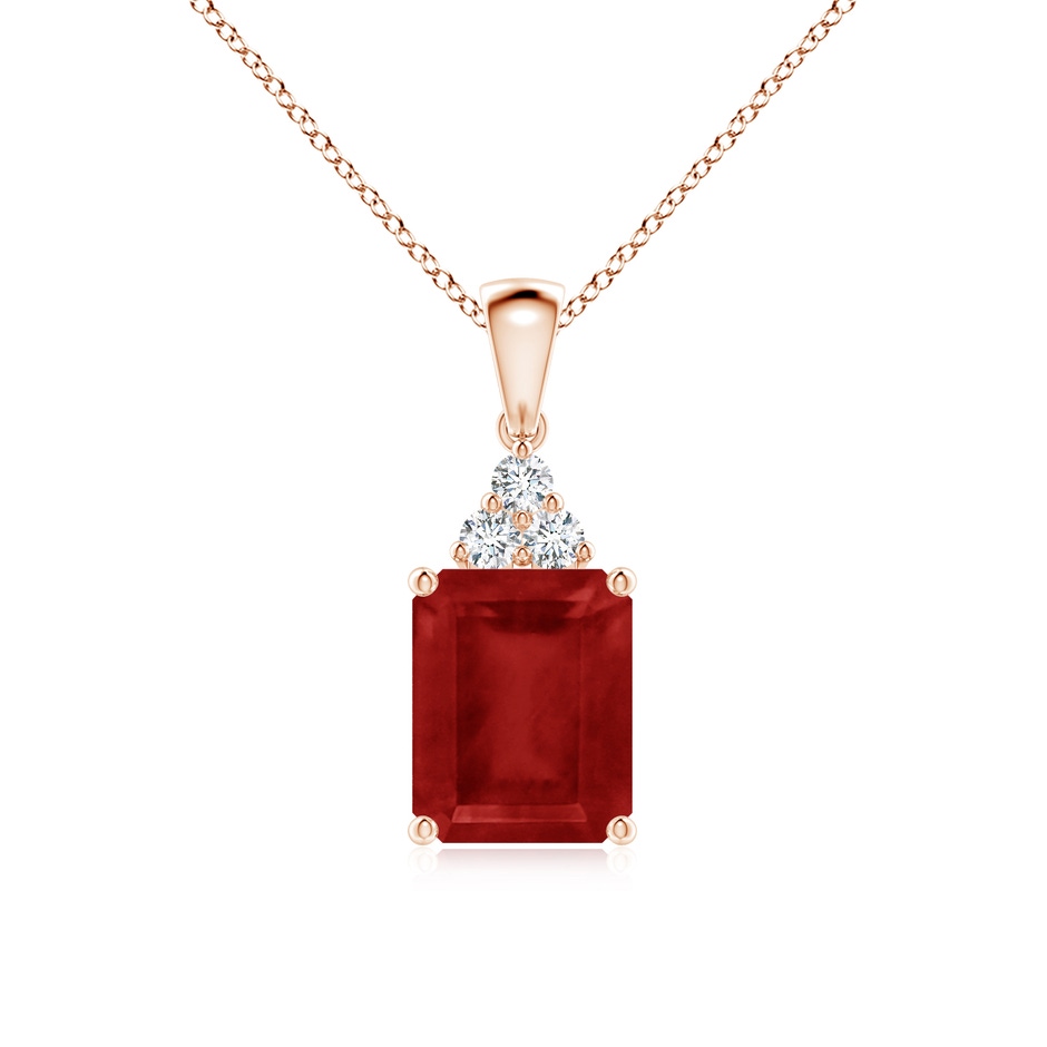 10x8mm AA Emerald-Cut Ruby Pendant with Diamond Trio in Rose Gold 