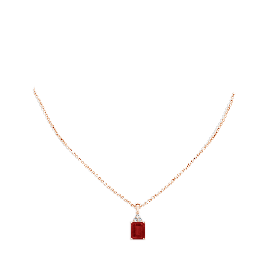 10x8mm AA Emerald-Cut Ruby Pendant with Diamond Trio in Rose Gold pen