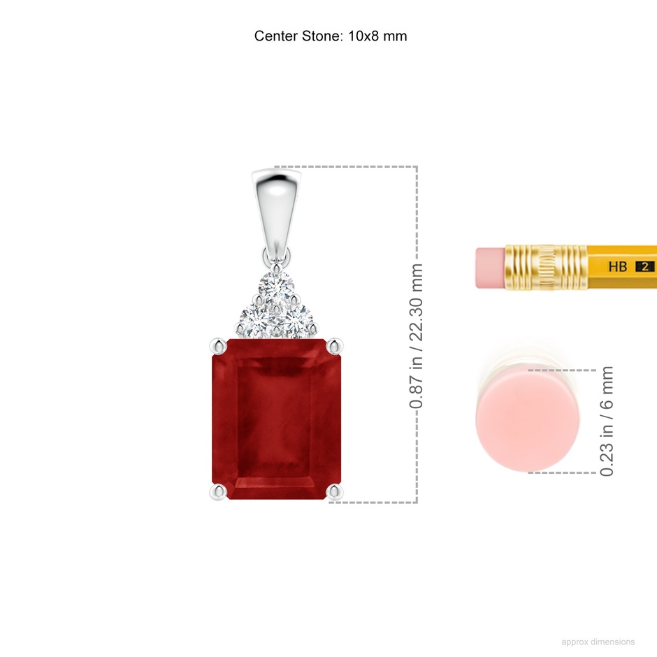 10x8mm AA Emerald-Cut Ruby Pendant with Diamond Trio in S999 Silver ruler
