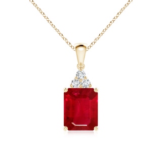 10x8mm AAA Emerald-Cut Ruby Pendant with Diamond Trio in 9K Yellow Gold