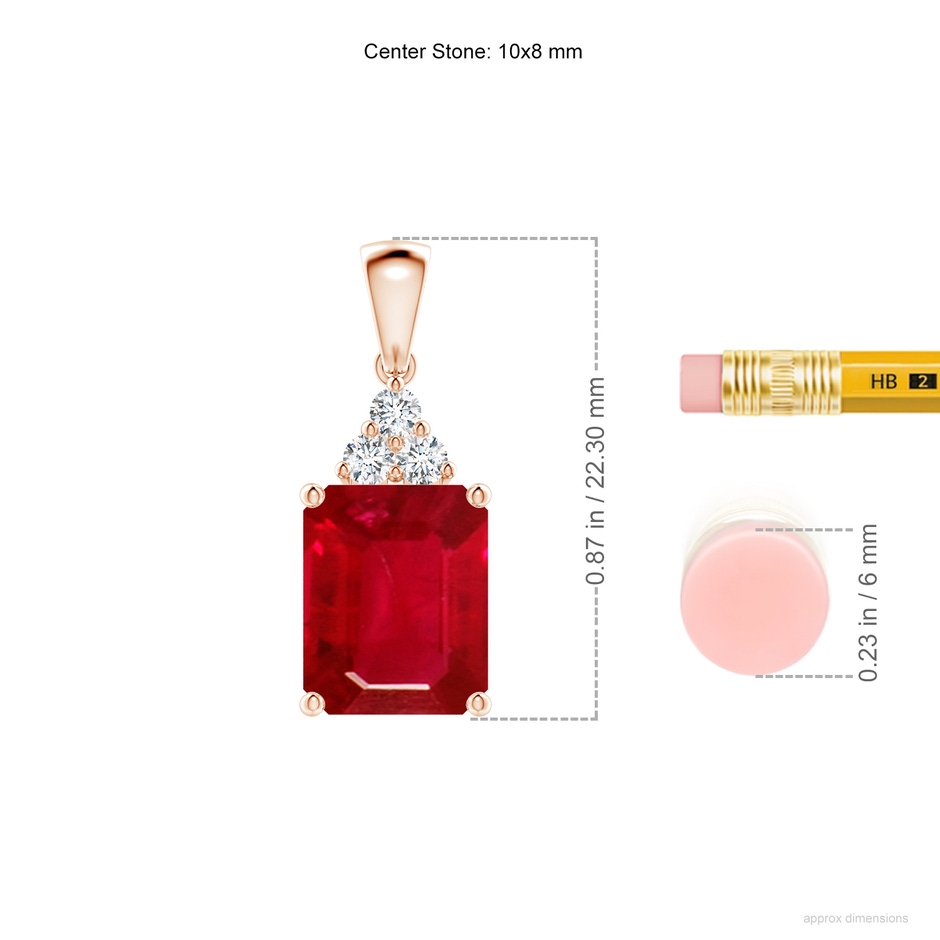 10x8mm AAA Emerald-Cut Ruby Pendant with Diamond Trio in Rose Gold ruler