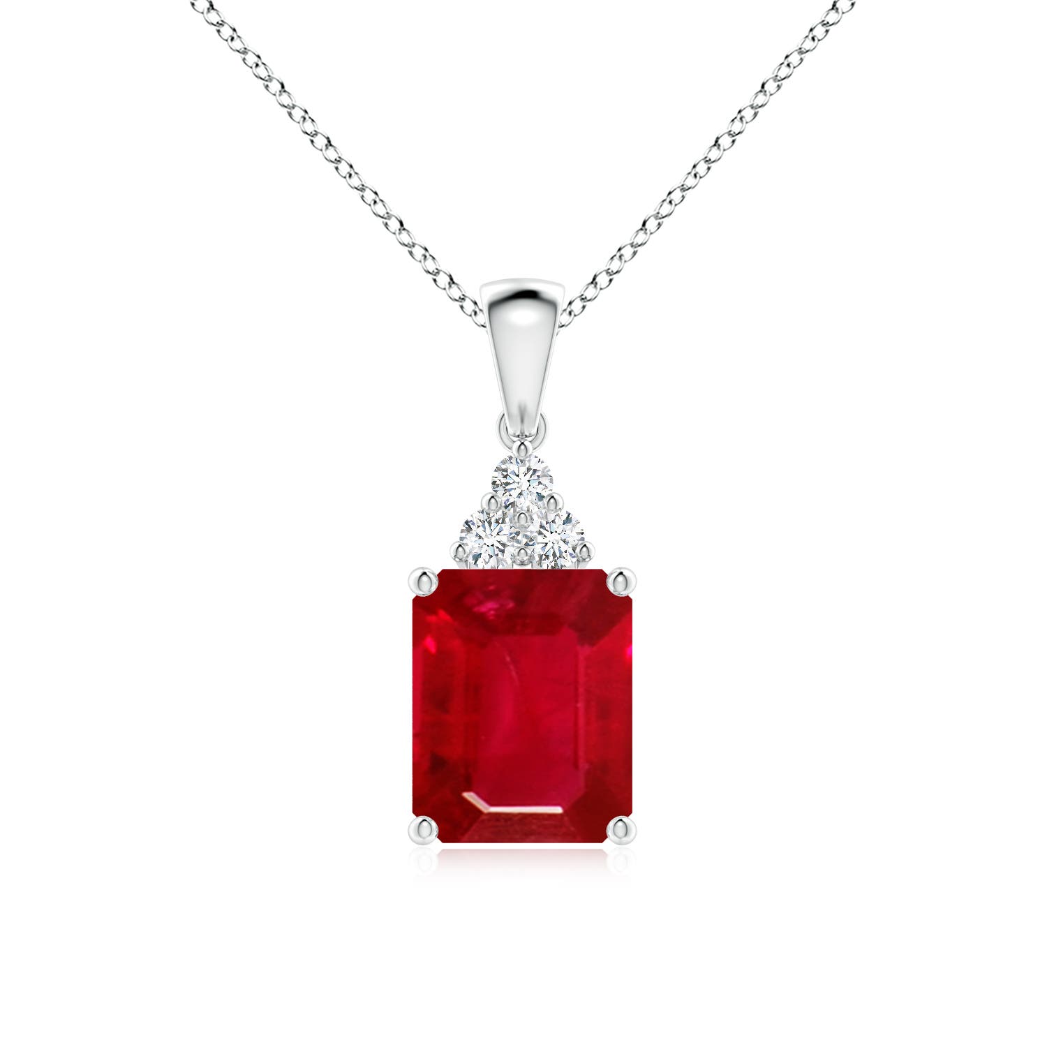 Angara 4.16 CTW Emerald-Cut Ruby Pendant with Diamond Trio in Silver